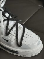 Custom White Grey Air Force 1 Low Sneakers: Brush Stroke Broken Swoosh Streetwear Art - Image 4