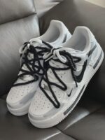 Custom White Grey Air Force 1 Low Sneakers: Brush Stroke Broken Swoosh Streetwear Art - Image 6