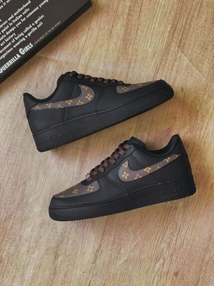 Custom Black Brown Air Force 1 Low Monogram Floral Sneakers – Luxury Streetwear Gift