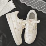 Custom Cream Air Force 1 Low Sneakers with Rhinestones and Satin Bow