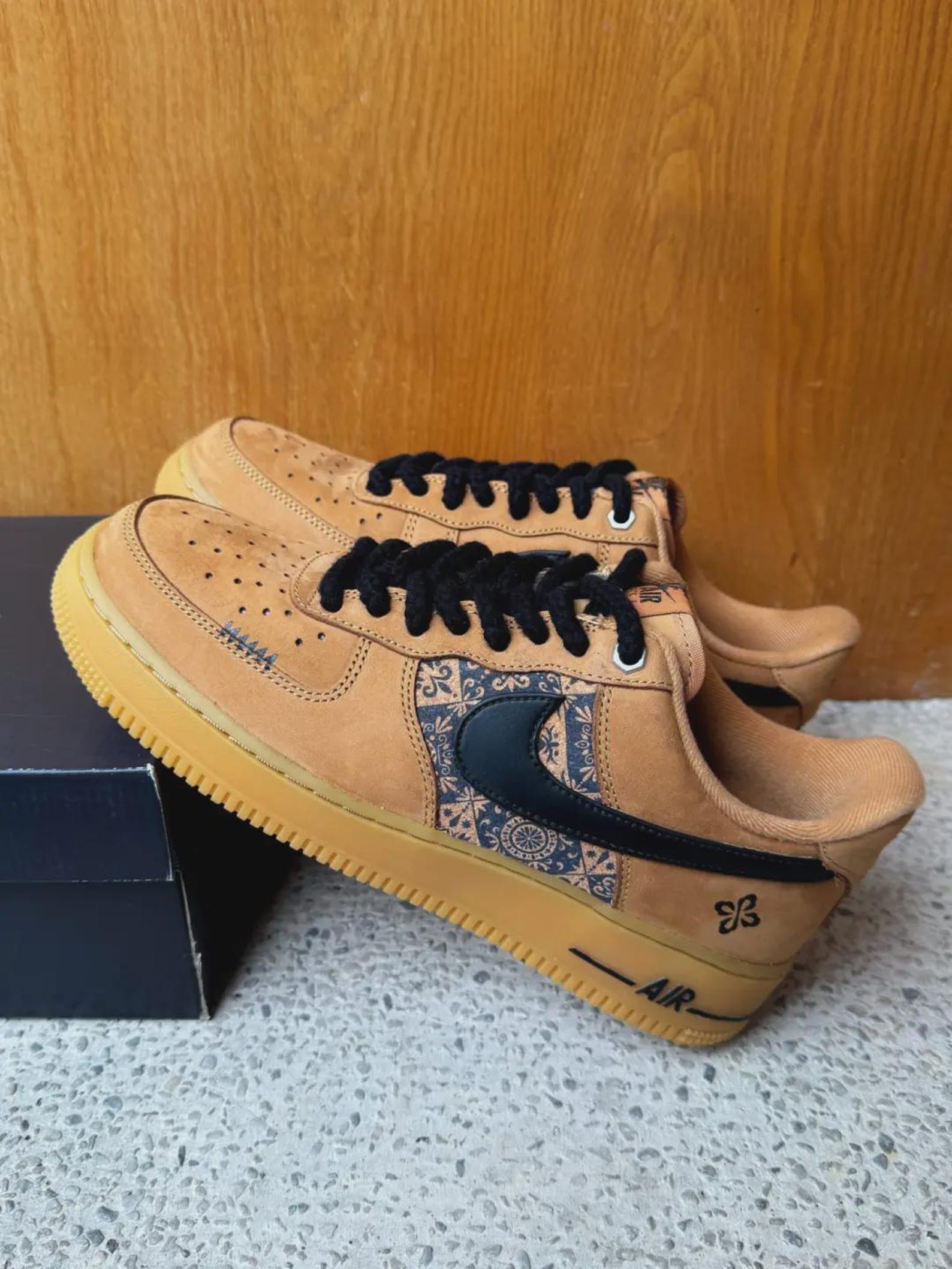 il_1588xN.7872492083_fape.jpg Custom Wheat Black Air Force 1 Low Suede Sneakers with Traditional Pattern Streetwear Gift - Image 1