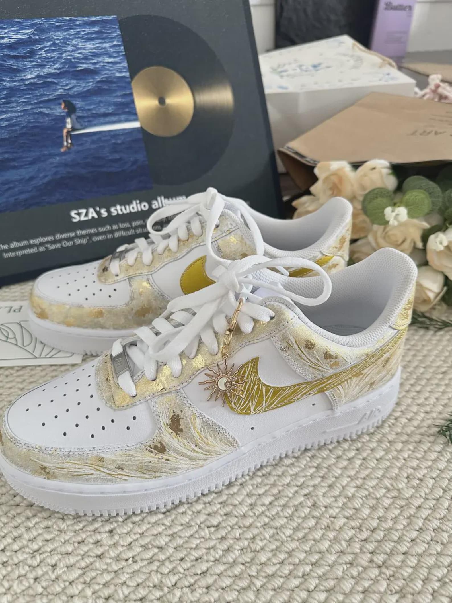 il_1588xN.7872498123_l71d.jpg Custom White Gold Air Force 1 Low Sneakers: Hand-Painted Wave Pattern, Sun Charm - Image 1