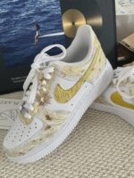 Custom White Gold Air Force 1 Low Sneakers: Hand-Painted Wave Pattern, Sun Charm - Image 3