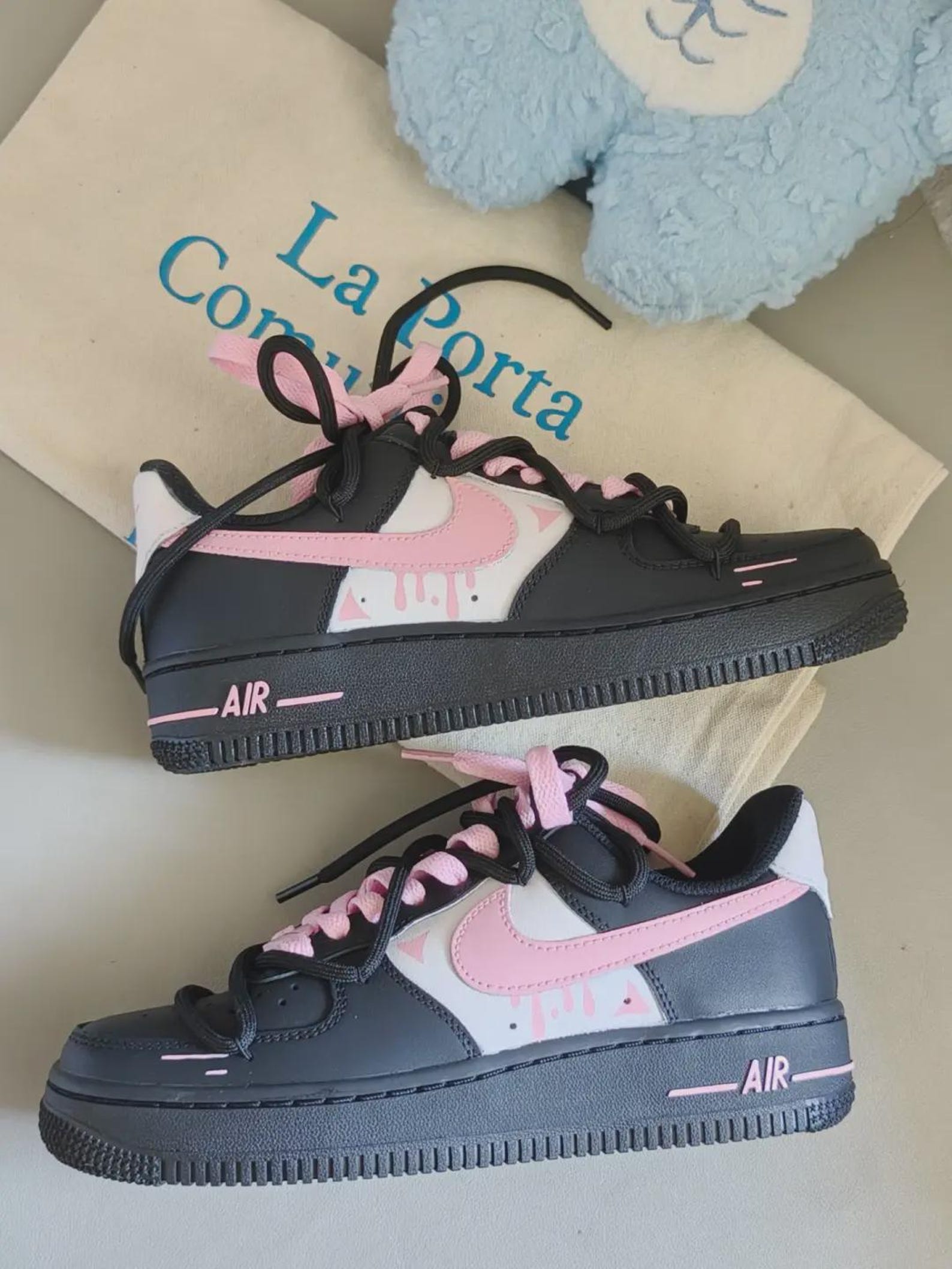 il_1588xN.7872531557_jah0.jpg Custom Black Pink Air Force 1 Low Paint Drip Sneakers – Streetwear Dual Lace Shoes - Image 1