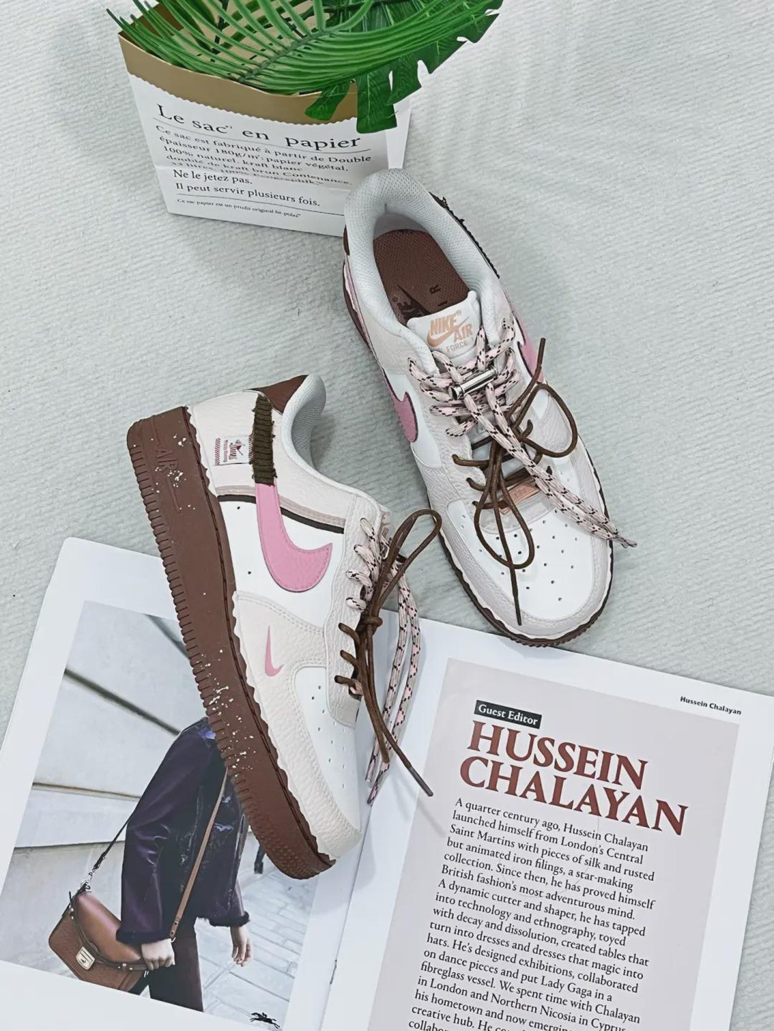 il_1588xN.7872618079_gjbr.jpg Custom Air Force 1 Low Patchwork Sneakers: White, Pink, Brown Dual Lace Design - Image 1
