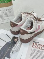 Custom Air Force 1 Low Patchwork Sneakers: White, Pink, Brown Dual Lace Design - Image 3