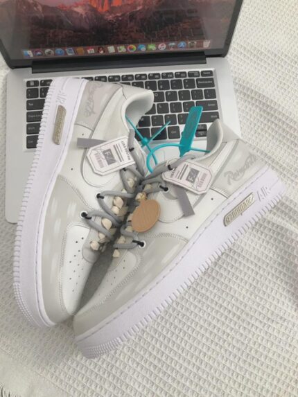 Custom Light Grey Patent Leather Air Force 1 Low Sneakers with Romantic Script
