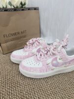 Custom Pink White Air Force 1 Low Sneakers: Floral Gradient, Braided Laces - Image 4