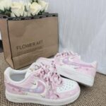 Custom Pink White Air Force 1 Low Sneakers: Floral Gradient, Braided Laces - Image 6