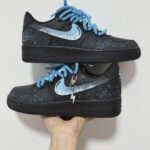 Custom Black Blue Air Force 1 Low Splatter Paint Sneakers with Rope Laces - Image 6