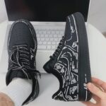 Custom Black Air Force 1 Low Sneakers: White Tribal Geometric Line Art Streetwear - Image 5