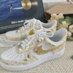 Custom White Gold Air Force 1 Low Sneakers: Hand-Painted Wave Pattern, Sun Charm - Image 5