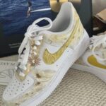 Custom White Gold Air Force 1 Low Sneakers: Hand-Painted Wave Pattern, Sun Charm - Image 7